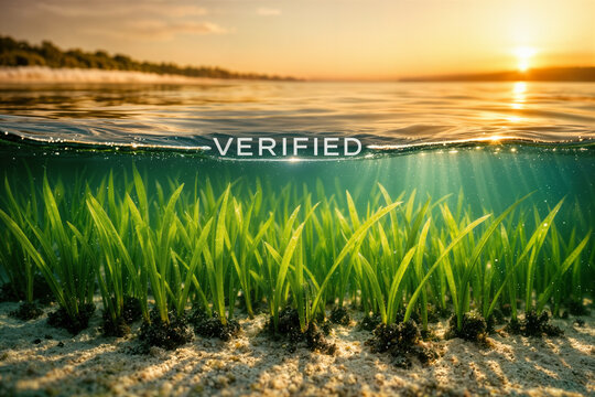 Split-frame coastal seagrass blue carbon concept with VERIFIED waterline stamp golden hour aerial bay above and luminous underwater seagrass meadow carbon sequestration finance