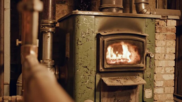Weathered green furnace basement heater framed by copper pipes, glowing fire window, and peeling paint in a warm brick utility room