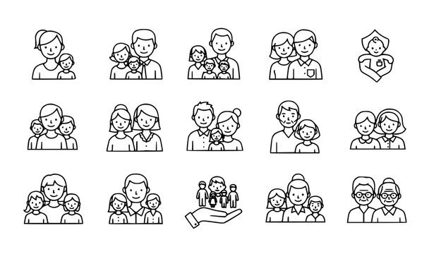 Family structure line icons set with parents children generations and care symbol black and white vector illustration