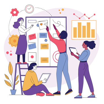 Team Collaboration and Project Planning: A dynamic team collaborates on a project, brainstorming ideas, strategizing, and organizing plans on a board, all with the goal of achieving shared objectives.