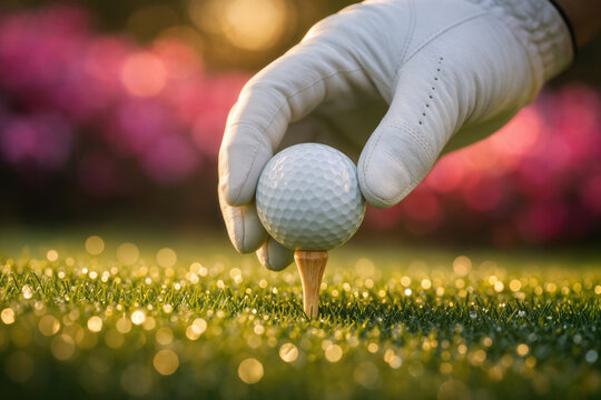 Golfer hand placing white golf ball on wooden tee at golden hour with azalea bokeh morning dew elite tournament tradition Augusta Masters implication luxury golf travel concentration precision