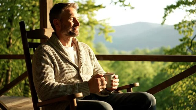 Man enjoying coffee on a porch with mountain views, relaxing outdoors.