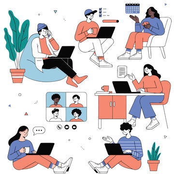 Remote Workspace Illustration: Diverse individuals engage in remote work activities, from video conferences to independent tasks, highlighting the flexibility and connectivity of a modern workspace.
