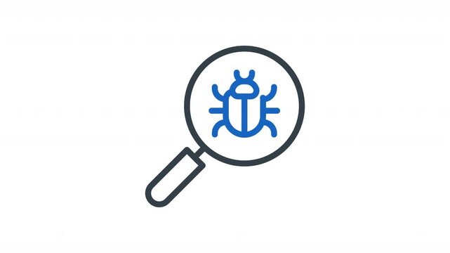 Minimal flat vector animation of magnifying glass scanning malware icon for cyber security threat detection. Clean modern design ideal for antivirus, hacking awareness, data protection and technology 