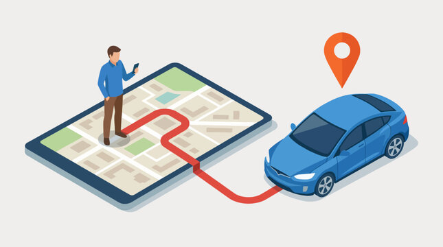 This digital illustration depicts a person navigating a route on their smartphone, visualizing a car's journey, symbolizing convenience and modern technology in travel.