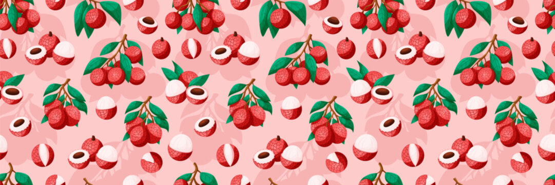 Lychee pattern. Tropical texture. Summer fruit. Nature tasty print. Colorful template pink berry. Sweet organic pulp textile, wrapping wallpaper for fabric. Exotic background. Vector garish graphic