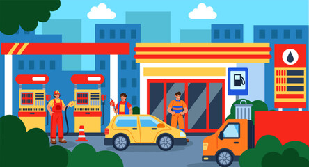 Gas station background. Car, truck, fuel pump. Station building. City infrastructure equipment. Transport business. Refueling cistern. Vector tidy petrol cartoon flat style isolated illustration © Natalia