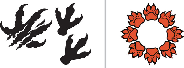 A vector set featuring black dinosaur bird tracks with sharp scratch marks on the left, and a circular wreath arrangement of eight orange animal paw prints on the right. © reza