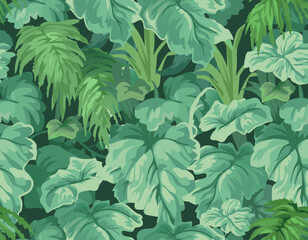 Seamless Lush Emerald Jungle Foliage: Organic Biophilic Pattern with Ferns and Philodendron Leaves for Eco-friendly Branding and Modern Interior Wallpaper © Anastasija Dracova