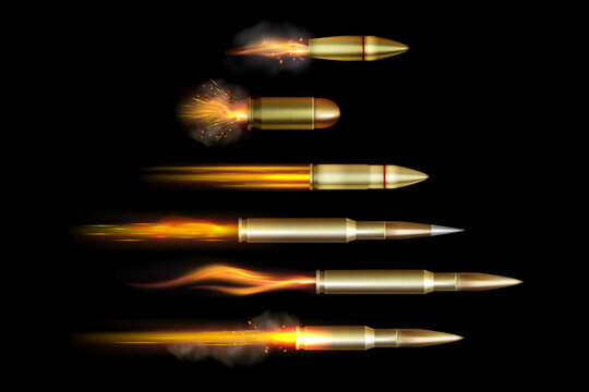 Bullet shoot set. Fire trail. Flying gunshot, rifle flight effects, smoke and sparks. Trace on target ammunition. Fast realistic gun ammo. 3D military BMG. Vector salvo isolated illustration on black