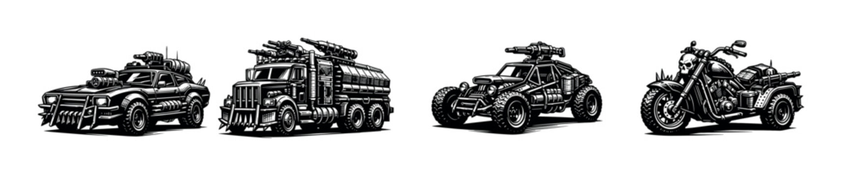 Black and white vector illustrations of armored vehicles and motorbike silhouettes