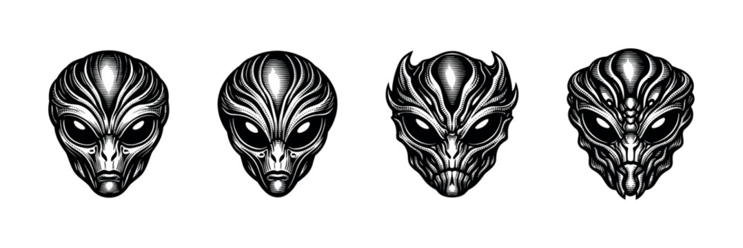 Alien mask vector illustration, black and white, silhouette art, conceptual sci-fi design