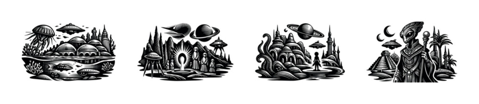 Futuristic alien landscapes with spaceships vector illustration black and white silhouette