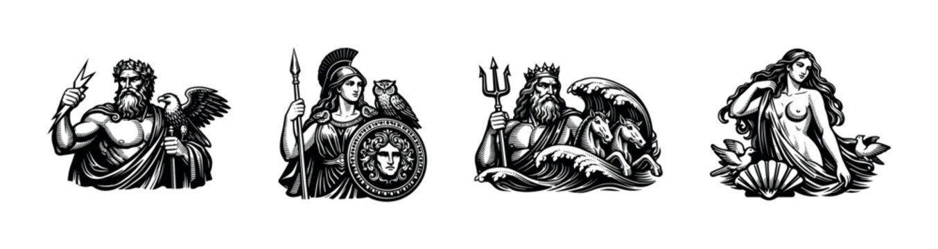 Greek mythology characters vector illustration featuring zeus athena poseidon aphrodite in black and white silhouette