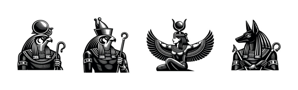Egyptian mythology deities vector illustration, black and white silhouette style