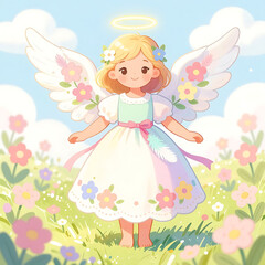 Fototapeta premium cute fairy girl with wings in blooming meadow under summer sky