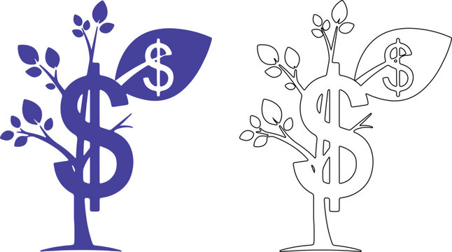 Tree with dollar sign growing out of it in purple and black outline