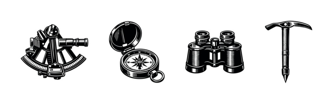 Black and white vector illustration of nautical and exploration tools silhouette