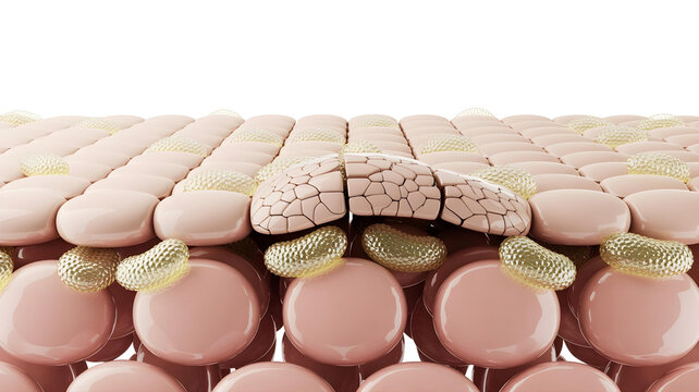 Microscopic illustration depicting damaged and dry skin barrier cells representing severe dehydration or moisture loss in epidermal layers.