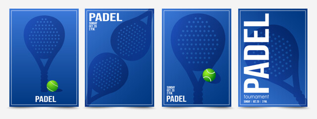 Fototapeta premium Padel posters with rackets shadows. Set of banners with racquets on blue court for padel and tennis balls. Sports competition invitation. Padel Tennis Championship or tournament vector templates.