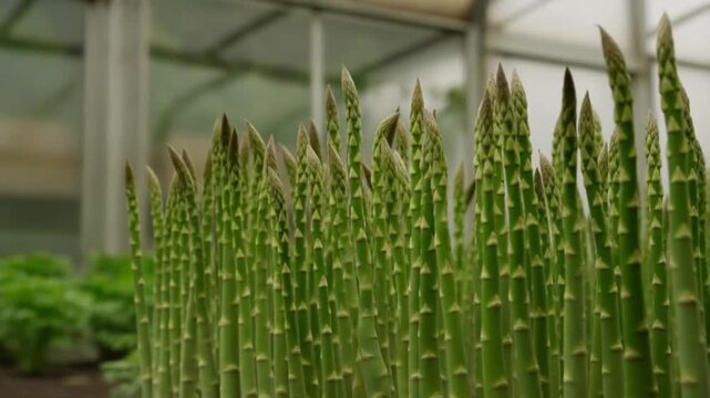 Low angle side shot of tall upright asparagus spears in a greenhouse with soft raking light concept of elegant lines and seasonal delicacy