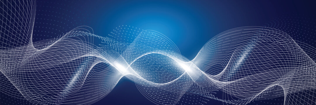 Abstract digital wave background with glowing data particles, futuristic blue technology grid, sound wave and AI network concept illustration