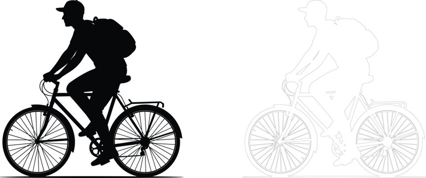 Man Riding Bicycle with Backpack Silhouette - Student Cycling Vector Illustration Isolated on White