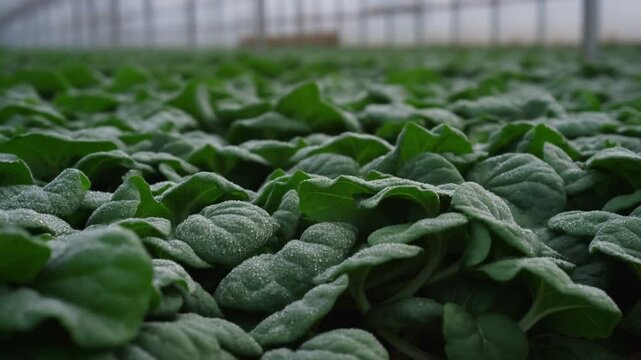 Low angle shot into a lush bed of dew covered spinach leaves in a greenhouse concept of superfood density and vital nutrition