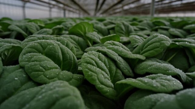 Low angle shot into a lush bed of dew covered spinach leaves in a greenhouse concept of superfood density and vital nutrition
