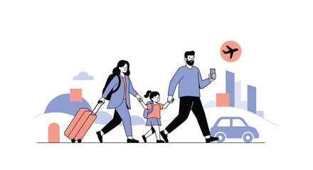 Obraz premium Family traveling, parents with child, airport, city background, travel icons
