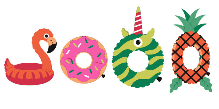 Inflatable pool floats collection featuring a flamingo, donut, unicorn, and pineapple shapes for summer fun.