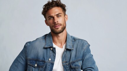 Obraz premium Gen Z style and confidence showing a young man in a denim jacket and white t-shirt Youth culture and modern fashion trends advertising editorial or social media content The portrait is shot.