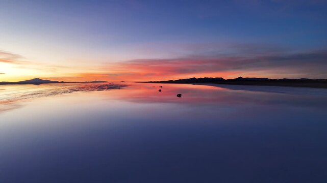 Aerial view of the serene Salar de Uyuni mirrors the vibrant sunset, creating a surreal landscape of contrasting colors and tranquil reflections, Salar de Uyuni, Bolivia.