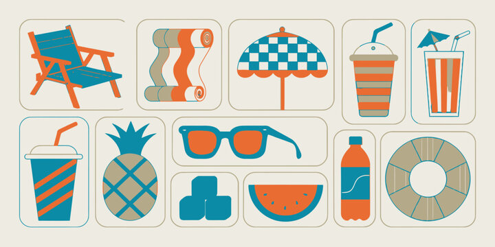 Summer icons set with lounge chair, umbrella, drinks, sunglasses, pineapple, watermelon, and ice cubes for poolside relaxation.