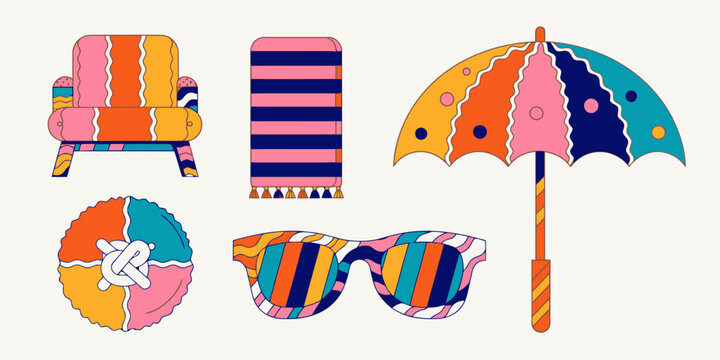 Beach chair, beach towel, umbrella, sunglasses, and inner tube with bold stripes and abstract patterns for summer vacation