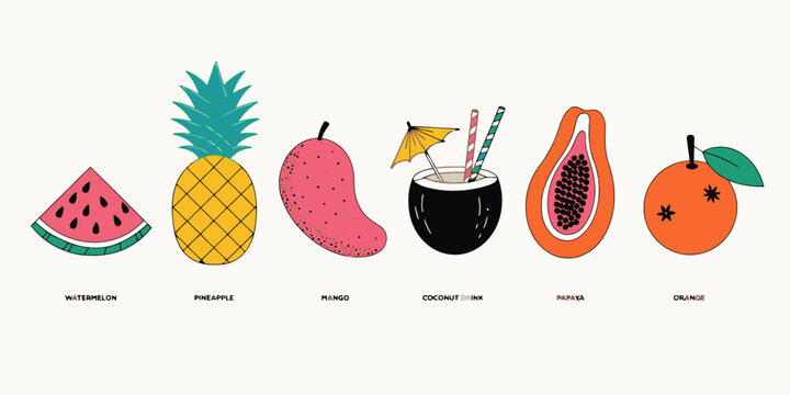 Watermelon slice and pineapple fruit illustration with refreshing green leaves and vibrant yellow tropical colors.