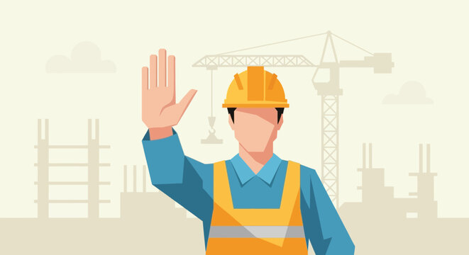 Construction Worker Showing Stop Hand Gesture at Building Site, Safety First Concept Flat Vector Illustration