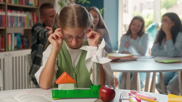 Sad bullied Caucasian school girl making stop gesture hand indoor classroom upset child student suffer bullying taking off glasses frustrated teen schoolgirl mocking classmates pupils education stress