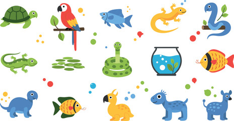 Obraz premium Cute Exotic Pets and Animals Illustration Set with Turtle, Parrot, Fish, Lizard, Snake and Aquarium Elements