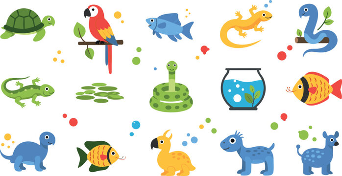 Cute Exotic Pets and Animals Illustration Set with Turtle, Parrot, Fish, Lizard, Snake and Aquarium Elements