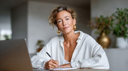 Fototapeta premium Minimalist shot of a middle-aged woman writing notes beside her laptop, soft daylight and clean surroundings