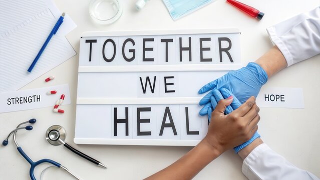 Patient Hand Wearing Gloves on "Together We Heal" Sign