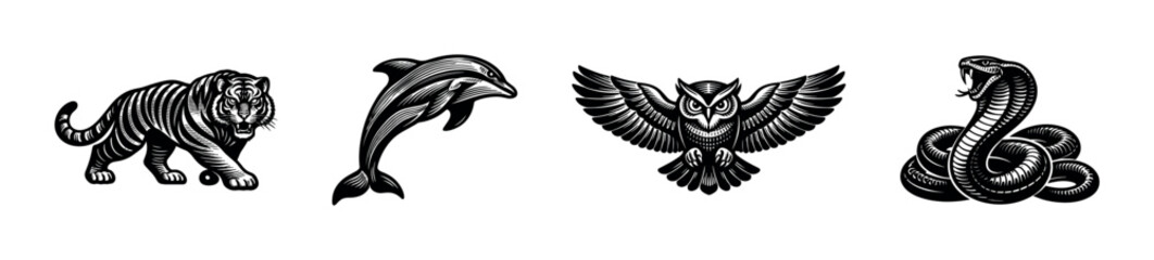 Obraz premium Set of black and white animal silhouettes featuring tiger dolphin owl and snake illustrations