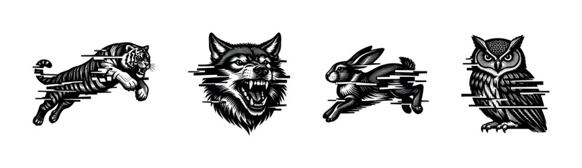 Obraz premium Stylized black and white animal silhouettes vector illustration featuring tiger wolf rabbit owl
