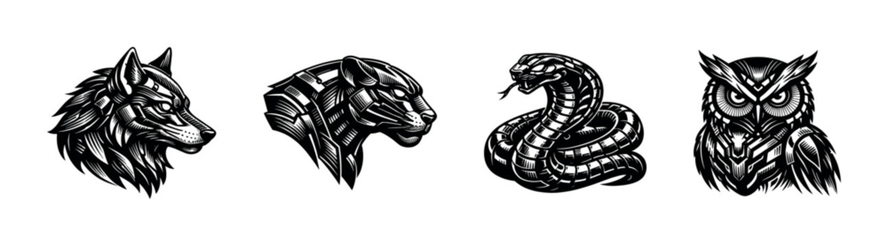 Black and white animal head illustrations wolf panther snake owl vector silhouette art