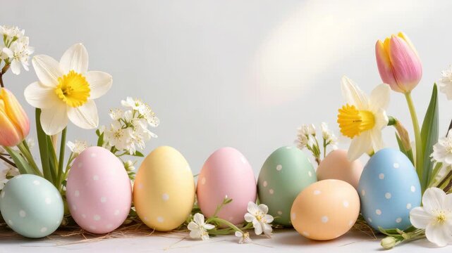 Colorful pastel Easter eggs with polka dots arranged with tulips, daffodils, and blossoms on a light background. Spring holiday composition symbolizes renewal, celebration, and joy.