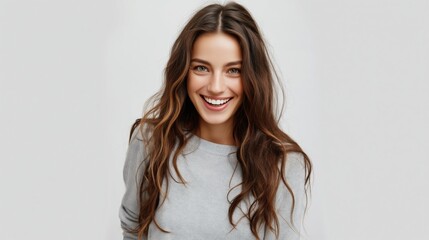 Naklejka premium Authenticity and self-love showcasing a smiling young woman with natural beauty and genuine joy against a white background.