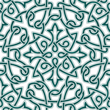 Fragment of a seamless pattern tile with a radial rosette in Celtic knotwork style, in teal green tones, raster image, hand-drawn. High quality illustration