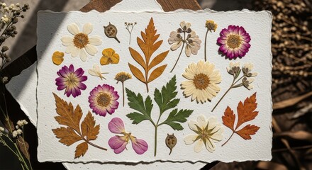 Fototapeta premium An Assortment of Pressed Botanical Specimens Including Various Flowers and Leaves on Textured Paper