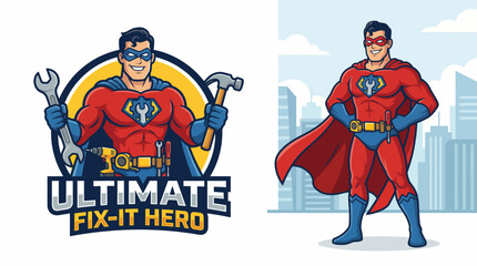 This vibrant superhero character wielding tools represents handyman services, embodying strength and reliability, perfect for businesses catering to home improvement. © jinduo